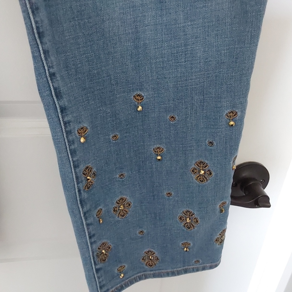 Chico's embellished denim, 25" inseam. Gold embellishment on lower leg.